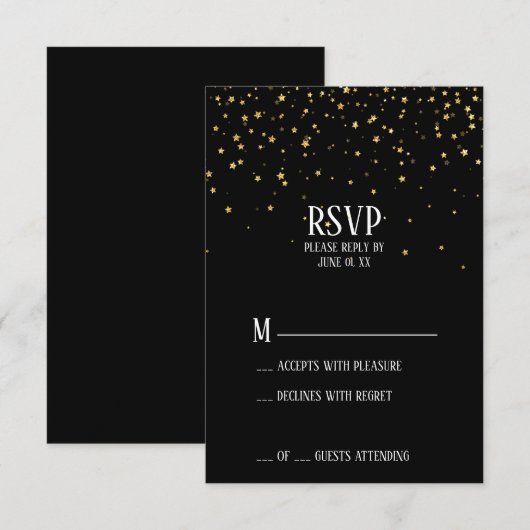 Gold Confetti op RSVP-kaart van zwarte feestdag RSVP Kaartje (Voorkant / Achterkant)