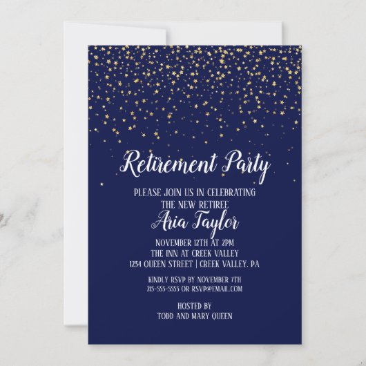 Gold Confetti op uitnodiging van Navy Blue Retirem (Voorkant)