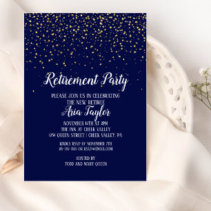 Gold Confetti op uitnodiging van Navy Blue Retirem
