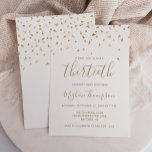 Gold Confetti op White 30th Birthday Party Kaart<br><div class="desc">Dit moderne ontwerp is voorzien van faux gouden driehoekige confetti op een witte achtergrond. Het woord "dertigste" staat in een elegant gouden handschrift. Geef de uitnodiging een persoonlijk tintje met de naam van de honoree in het gouden handschrift lettertype, samen met de datum, de plaats en andere details in het...</div>