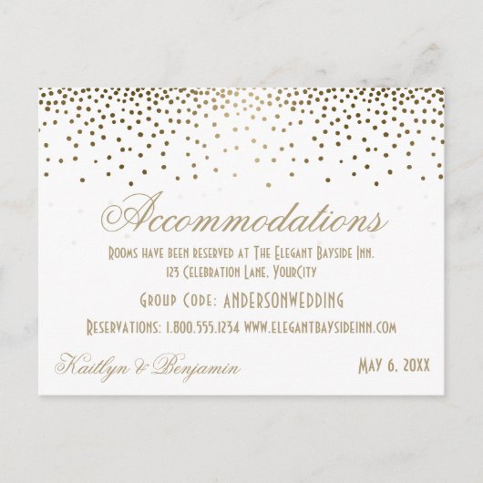 Gold Confetti op White Wedding Accommodatie Pos Briefkaart (Voorkant)