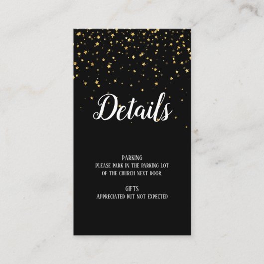 Gold Confetti op zwart Afstuderen - Invoegen gegev Informatiekaartje (Voorkant)