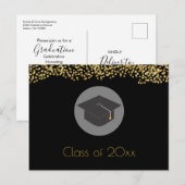 Gold-Confetti op zwart met Graduy Cap Party Uitnodiging Briefkaart (Voorkant / Achterkant)