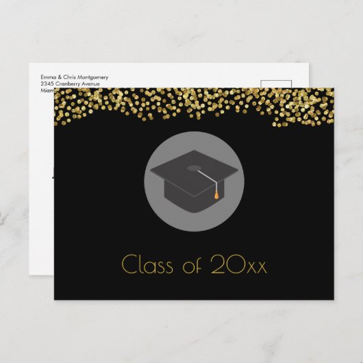 Gold-Confetti op zwart met Graduy Cap Party Uitnodiging Briefkaart (Voorkant / Achterkant)