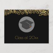 Gold-Confetti op zwart met Graduy Cap Party Uitnodiging Briefkaart (Voorkant)