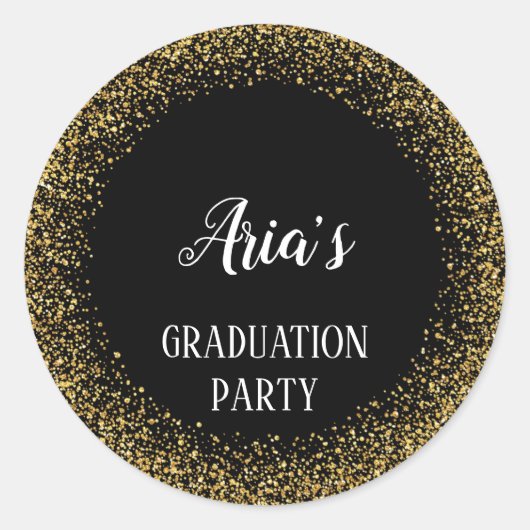 Gold Confetti op zwarte Afstuderen enveloppen Ronde Sticker (Voorkant)