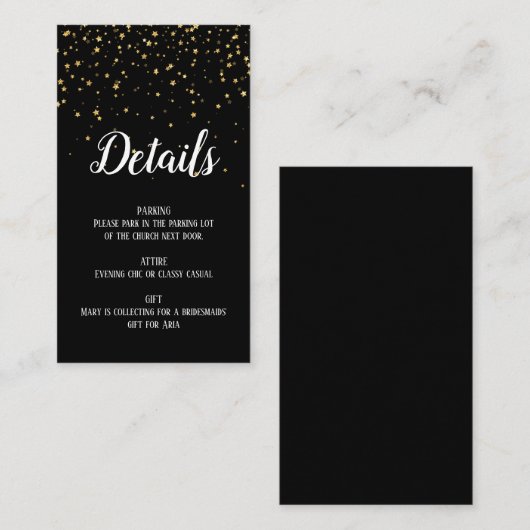 Gold Confetti op zwarte bachelorette — Details-kaa Informatiekaartje (Voorkant / Achterkant)
