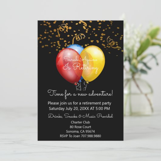 Gold Confetti op zwarte en ballonnen Pensioenparti Kaart (Staand voorkant)