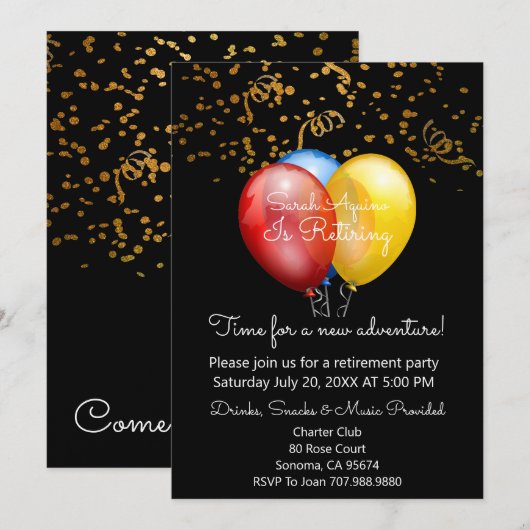 Gold Confetti op zwarte en ballonnen Pensioenparti Kaart (Voorkant / Achterkant)