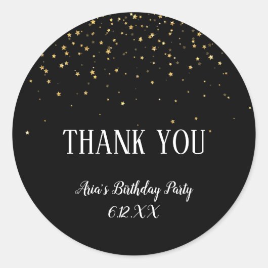 Gold Confetti op zwarte feestdag Dank je wel Ronde Sticker (Voorkant)