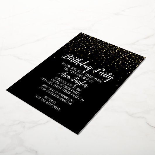 Gold Confetti op zwarte feestdag Gold Folie Uitnodiging (Gedraaid)