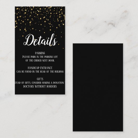 Gold Confetti op zwarte insteekkaart Informatiekaartje (Voorkant / Achterkant)