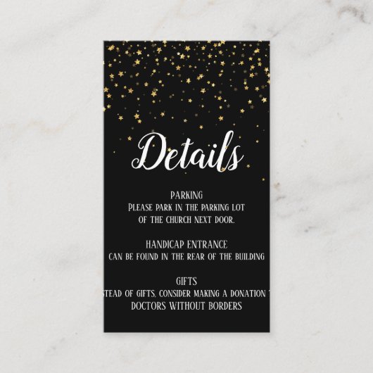 Gold Confetti op zwarte insteekkaart Informatiekaartje (Voorkant)