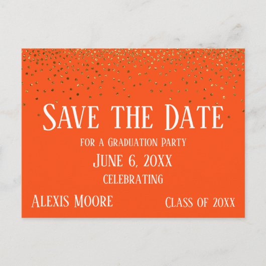 Gold Confetti Oranje Afstuderen Opslaan Datum Briefkaart (Voorkant)