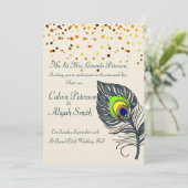 Gold Confetti Peacock Feathers Wedding Kaart (Staand voorkant)