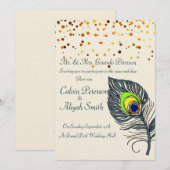 Gold Confetti Peacock Feathers Wedding Kaart (Voorkant / Achterkant)