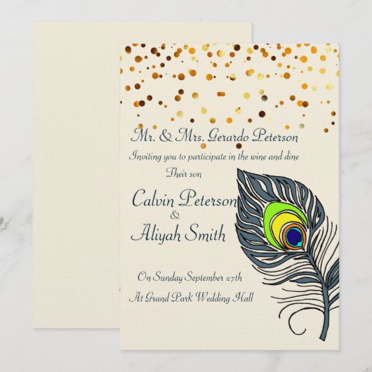 Gold Confetti Peacock Feathers Wedding Kaart (Voorkant / Achterkant)