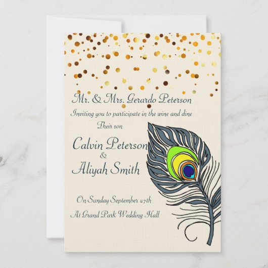 Gold Confetti Peacock Feathers Wedding Kaart (Voorkant)