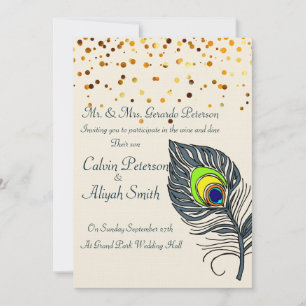 Gold Confetti Peacock Feathers Wedding Kaart