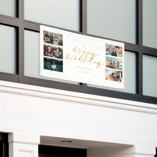 Gold Confetti Photo Collage Birthday Party Spandoek (Buitenkant Gebouw)