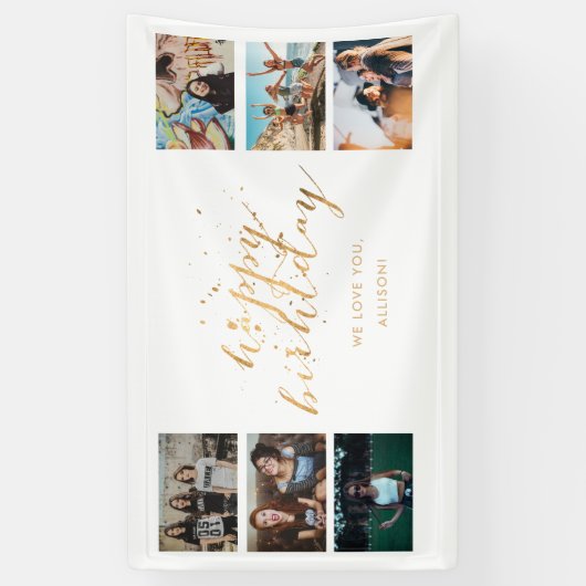 Gold Confetti Photo Collage Birthday Party Spandoek (Verticaal)