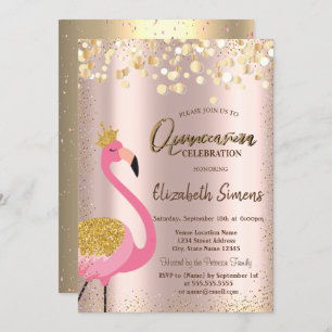 Gold Confetti Pink Flamingo Roos Gold Quinceañera Kaart