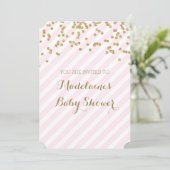 Gold Confetti Pink Stripes Baby Shower Uitnodiging (Staand voorkant)
