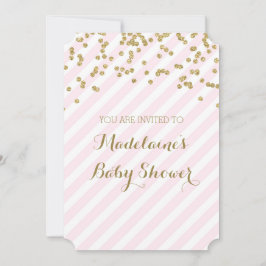 Gold Confetti Pink Stripes Baby Shower Uitnodiging