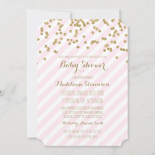 Gold Confetti Pink Stripes Baby Shower Uitnodiging (Achterkant)