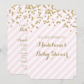 Gold Confetti Pink Stripes Baby Shower Uitnodiging (Voorkant / Achterkant)