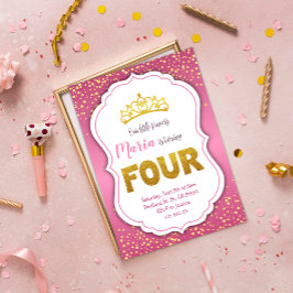 Gold Confetti Princess 4th Birthday Invitation Kaart
