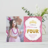 Gold Confetti Princess 4th Birthday Invitation  Kaart (Staand voorkant)
