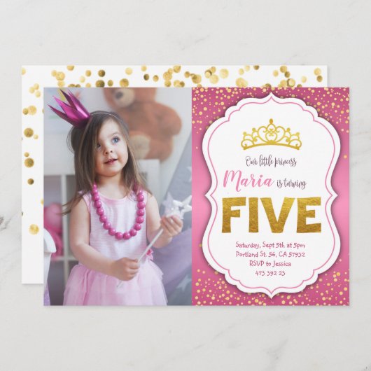 Gold Confetti Princess 5e verjaardag Kaart (Voorkant / Achterkant)