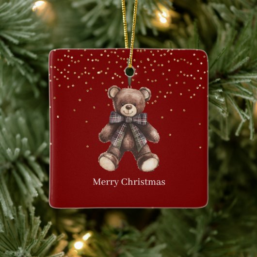 Gold Confetti Red Teddy Bear Christmas Keramisch Ornament (Boom)
