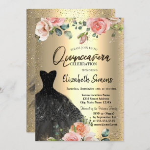 Gold Confetti, Roos Black Dress Quinceañera Kaart