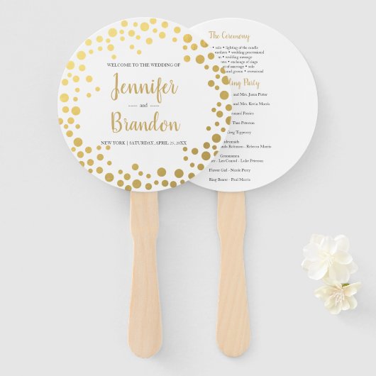 Gold confetti round bruiloftprogramma fan handwaaier (Voorkant en achterkant)