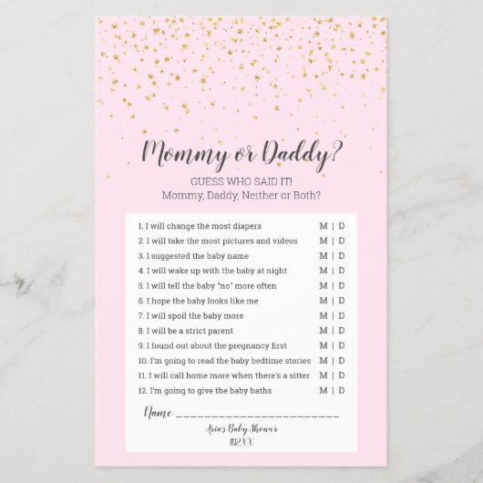 Gold Confetti Roze Baby shower Mammie of Papa Game Flyer (Voorkant)
