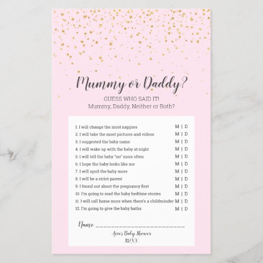 Gold Confetti Roze Baby shower Mummy of Dad Game Flyer (Voorkant)