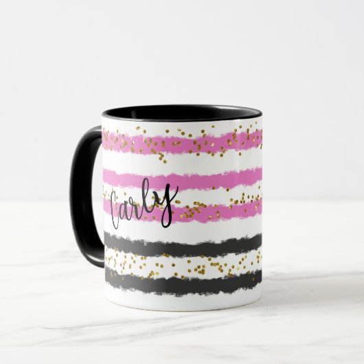 Gold Confetti Roze Black Stripes Naam Mok (Voorkant links)