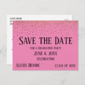 Gold Confetti Roze Graduation Party Save the Date Briefkaart (Voorkant / Achterkant)