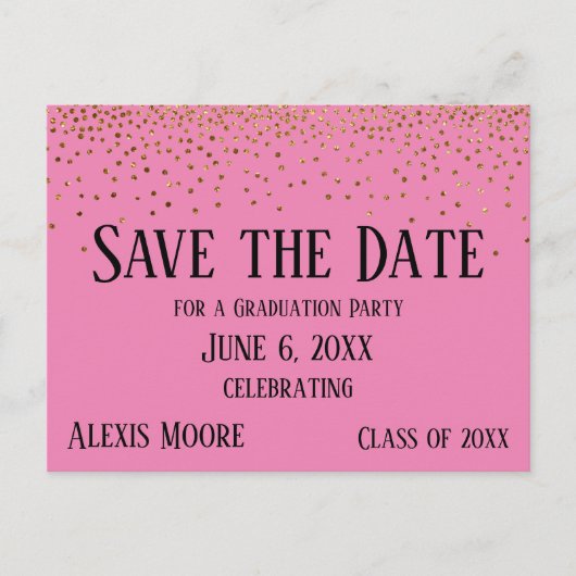 Gold Confetti Roze Graduation Party Save the Date Briefkaart (Voorkant)
