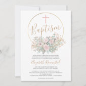 Gold confetti roze groene florale waterverf baptis kaart (Voorkant)