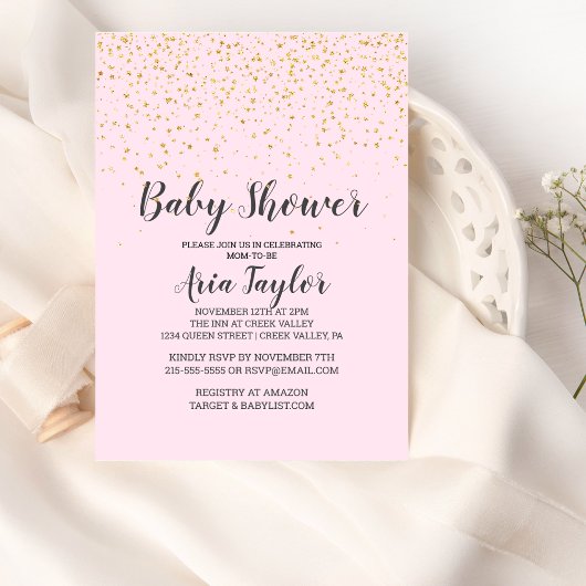 Gold Confetti Roze kalligrafie Baby shower Kaart