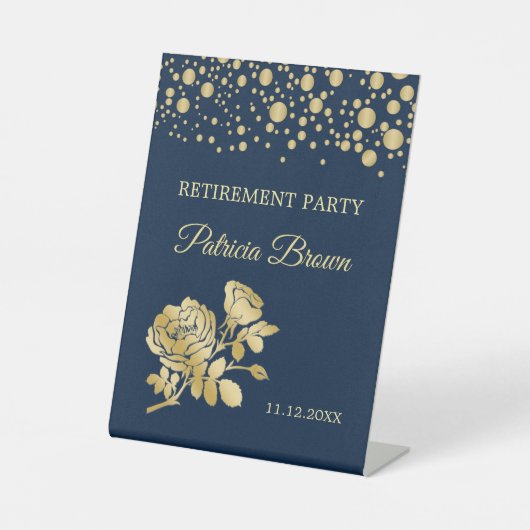 Gold Confetti Rozen Retirement Party Reclamebord Met Voetstuk (Voorkant)