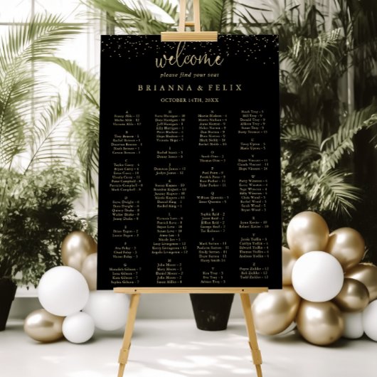 Gold Confetti Script Alfabetical Seating Chart Poster
