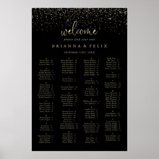 Gold Confetti Script Alfabetical Seating Chart Poster (Voorkant)