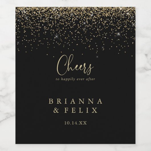 Gold Confetti Script Cheers Wedding Wine Labels Wijn Etiket (Enkel label)