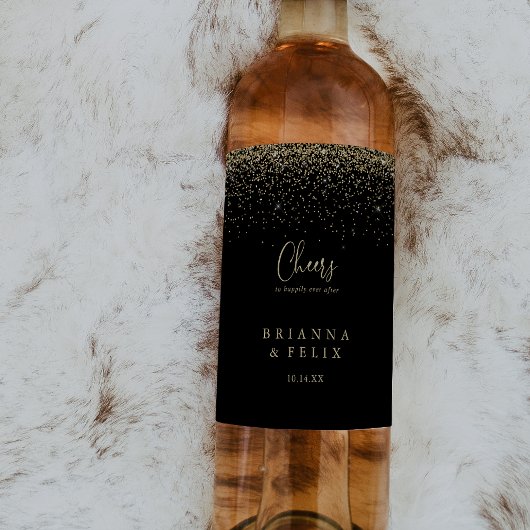 Gold Confetti Script Cheers Wedding Wine Labels Wijn Etiket