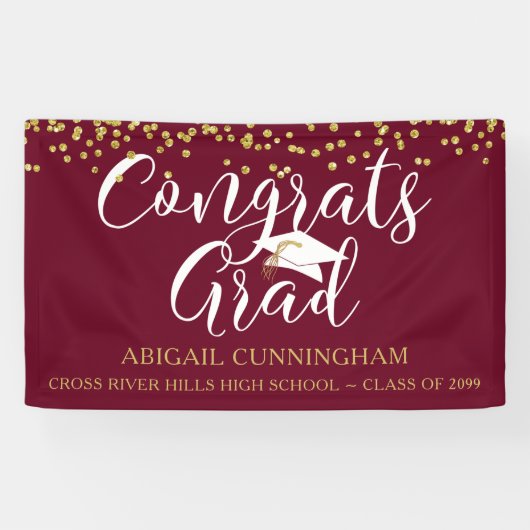 Gold Confetti Script CONGRATS AFSTUDEERDER Maroon Spandoek (Horizontaal)