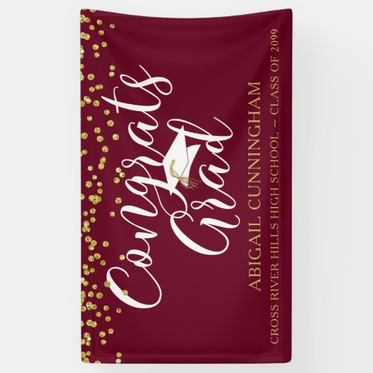 Gold Confetti Script CONGRATS AFSTUDEERDER Maroon Spandoek (Verticaal)